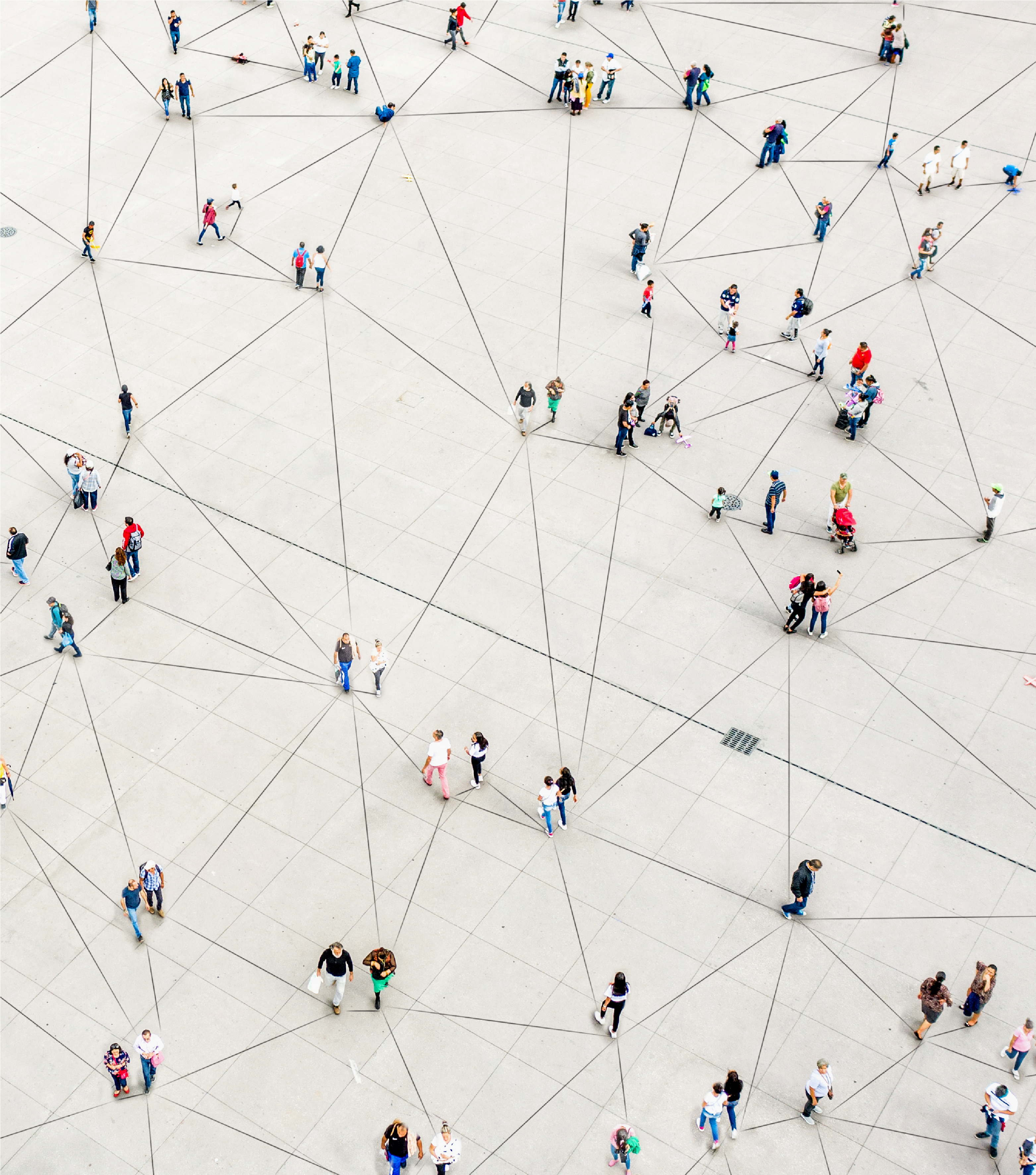 Image of aerial view of crowd connected by lines